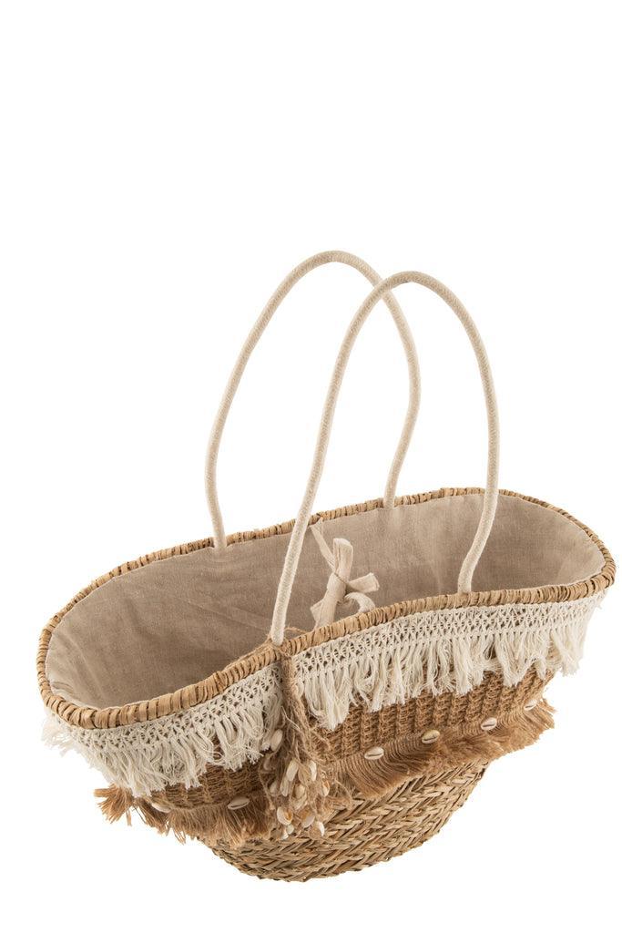 Strandtas Riet Kwastjes Jute Naturel/Ecru - Tas - J-Line - livinglovely.nl