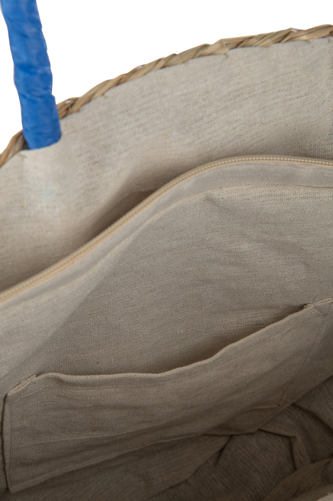 Strandtas Rond Bloem Zeegras Nat/Blauw - Tas - J-Line - livinglovely.nl