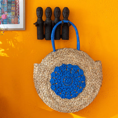 Strandtas Rond Bloem Zeegras Nat/Blauw - Tas - J-Line - livinglovely.nl