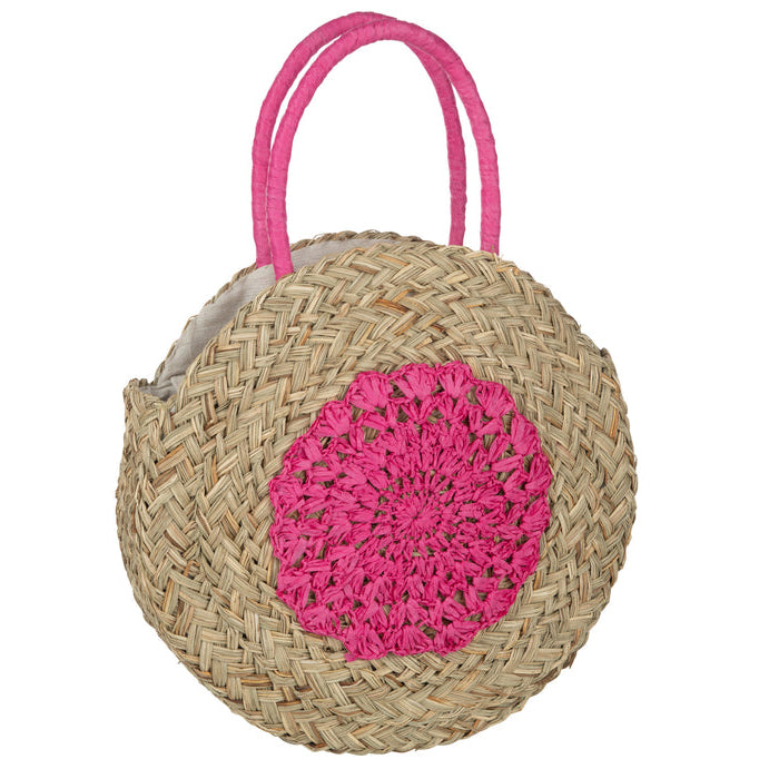 Strandtas Rond Bloem Zeegras Nat/Fushia - Tas - J-Line - livinglovely.nl