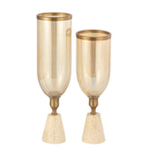 Tadh Brass glass stormlight travertin base round L PTMD - Kandelaar - PTMD - livinglovely.nl