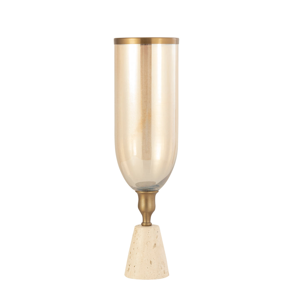 Tadh Brass glass stormlight travertin base round L PTMD - Kandelaar - PTMD - livinglovely.nl