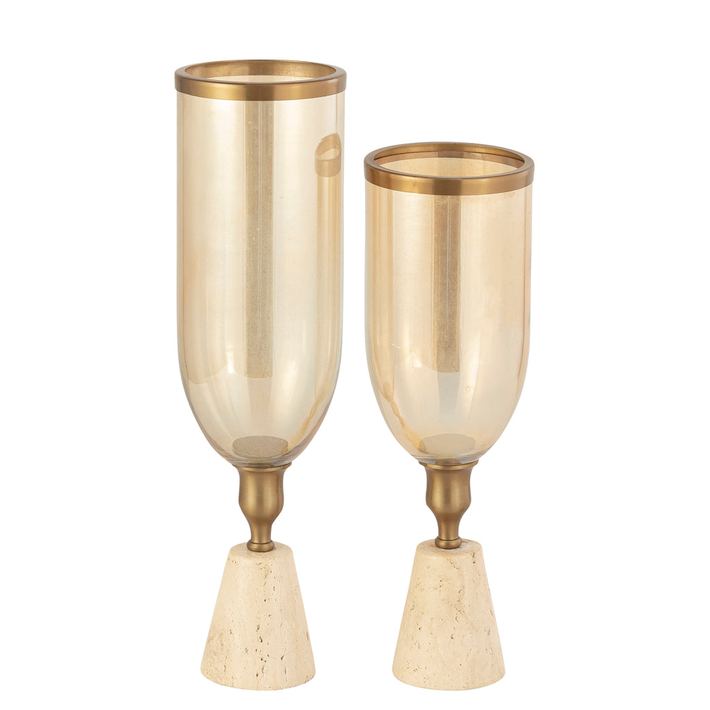 Tadh Brass glass stormlight travertin base round S - Kandelaar - PTMD - livinglovely.nl