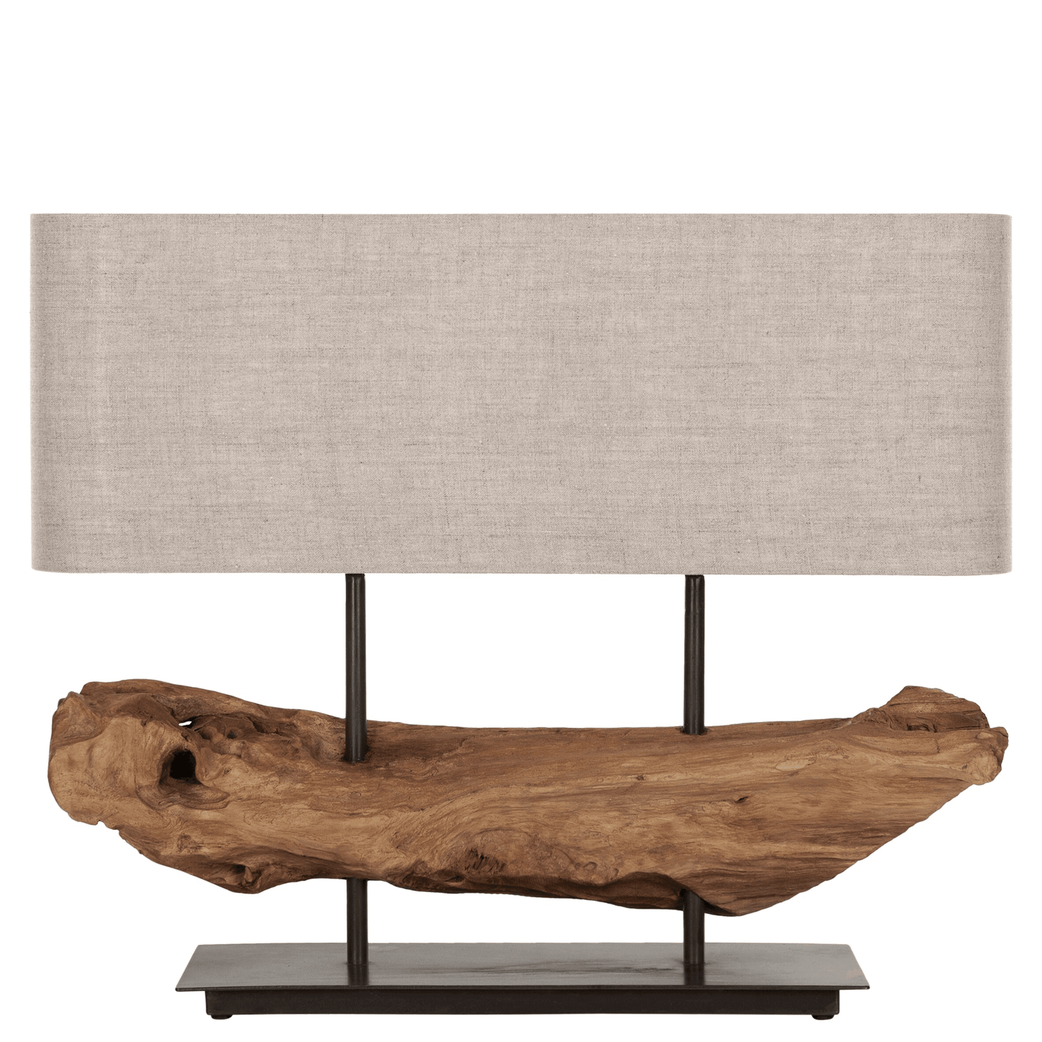 Tafellamp Log Erosion van MUST Living met liggend teakwortelhout in zwart stalen frame en linnen kap