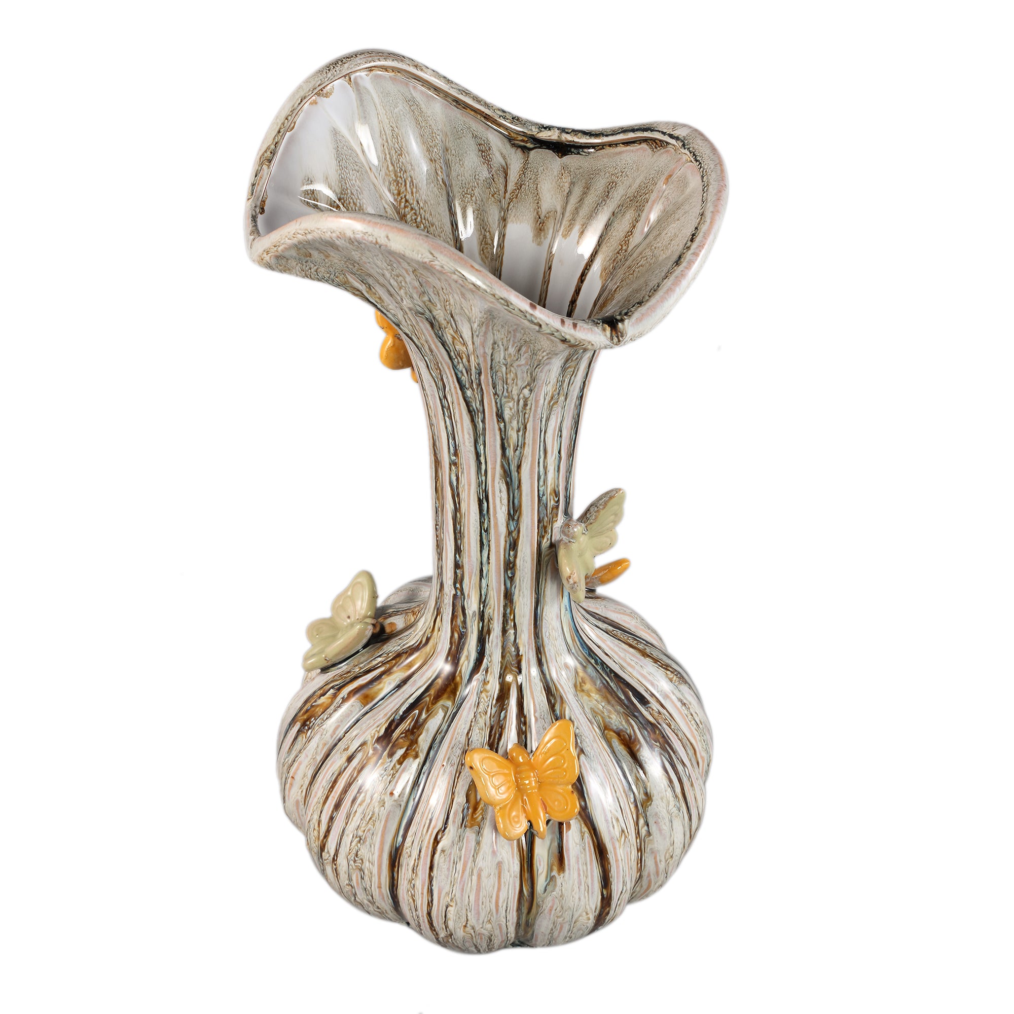Tamarae Cream Ceramic Flowy Vase With Butterfly L van PTMD, zijaanzicht op witte achtergrond