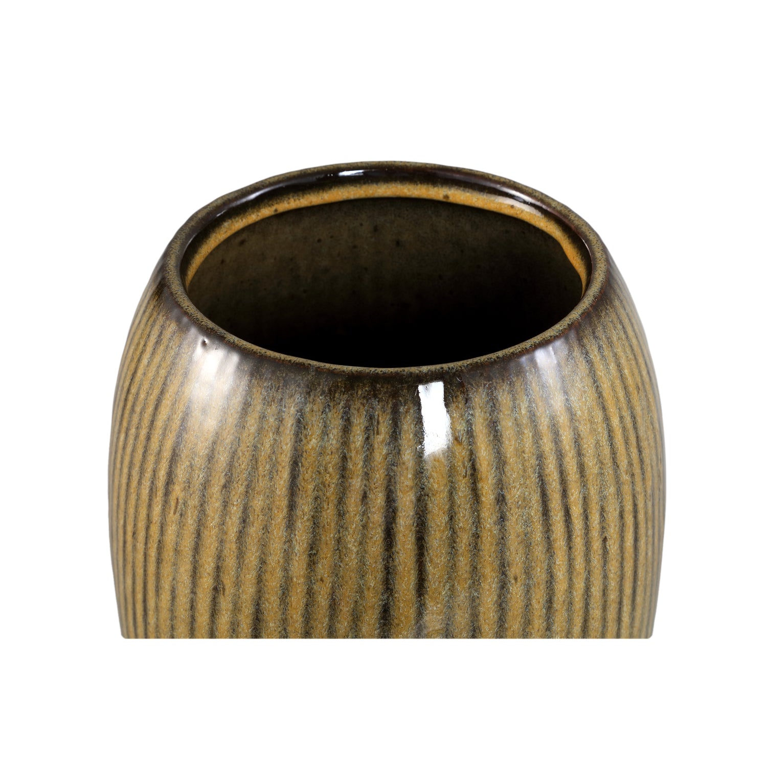 Tamica Dark Brown Ceramic Pot M van PTMD, bovenaanzicht van de opening op witte achtergrond