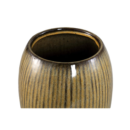 Tamica Dark Brown Ceramic Pot S van PTMD, bovenaanzicht van de opening op witte achtergrond