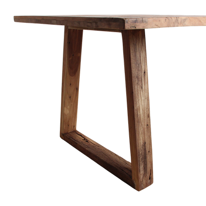 Farmwood eettafel van Raw Materials, hoek van het blad met de verbinding naar de poot
