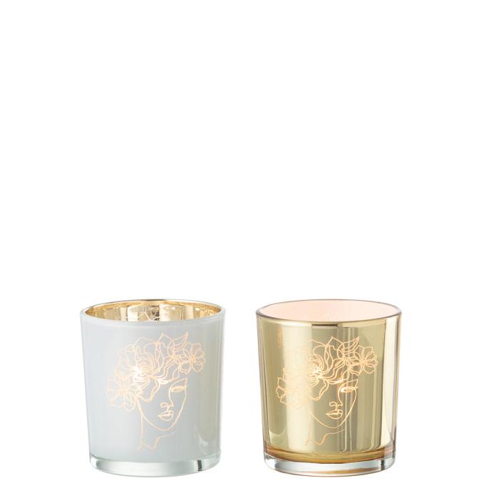 Windlicht Vrouw met Bloemetjeshaar Wit/Goud Small Set van 2