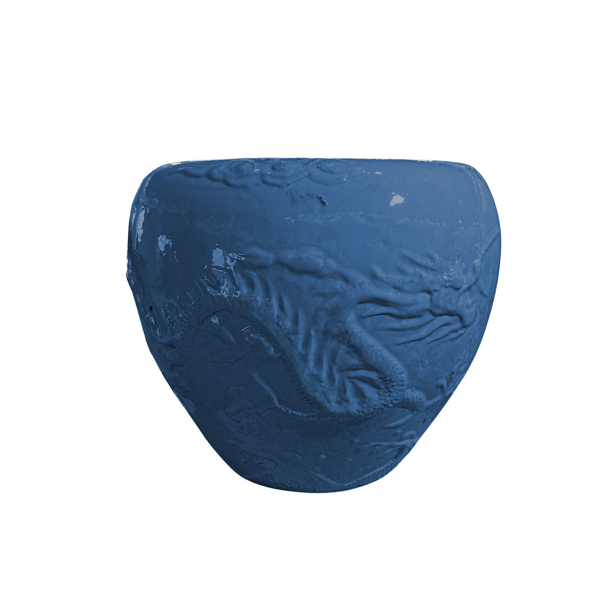 Terron Blue Glazed Round Ceramic Pot Dragon van PTMD, blauwe geglazuurde keramieken pot op witte achtergrond