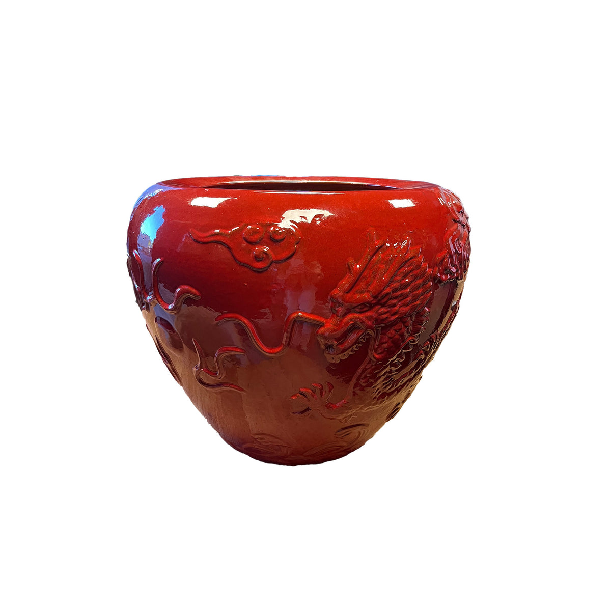 Terron Red Glazed Round Ceramic Pot Dragon van PTMD, rode geglazuurde keramieken pot op witte achtergrond