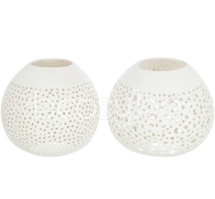 Theelichthouder Kokosnoot Gaatjes Wit Set van 2 - Theelichthouder - J-Line - livinglovely.nl