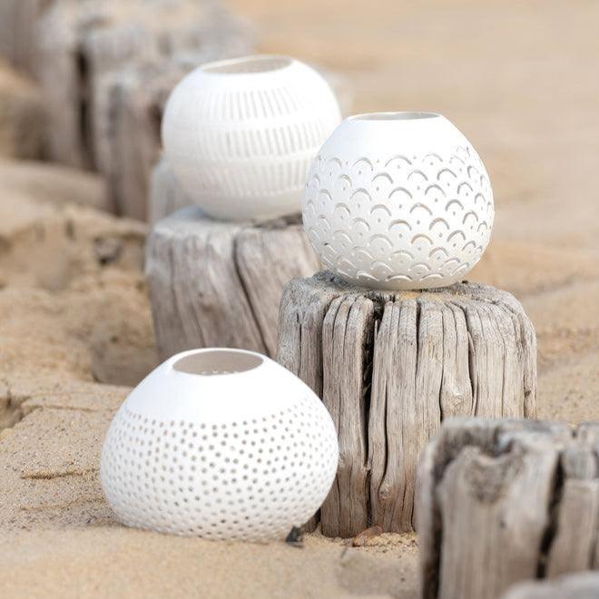 Theelichthouder Kokosnoot Lijnen Wit Set van 3 - Kandelaar - J-Line - livinglovely.nl