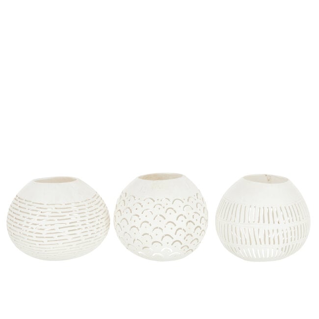 Theelichthouder Kokosnoot Lijnen Wit Set van 3 - Kandelaar - J-Line - livinglovely.nl
