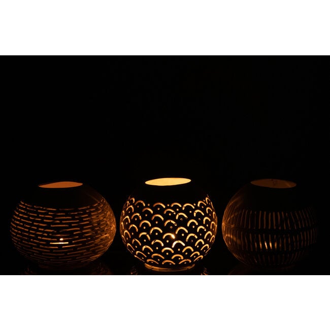 Theelichthouder Kokosnoot Lijnen Wit Set van 3 - Kandelaar - J-Line - livinglovely.nl