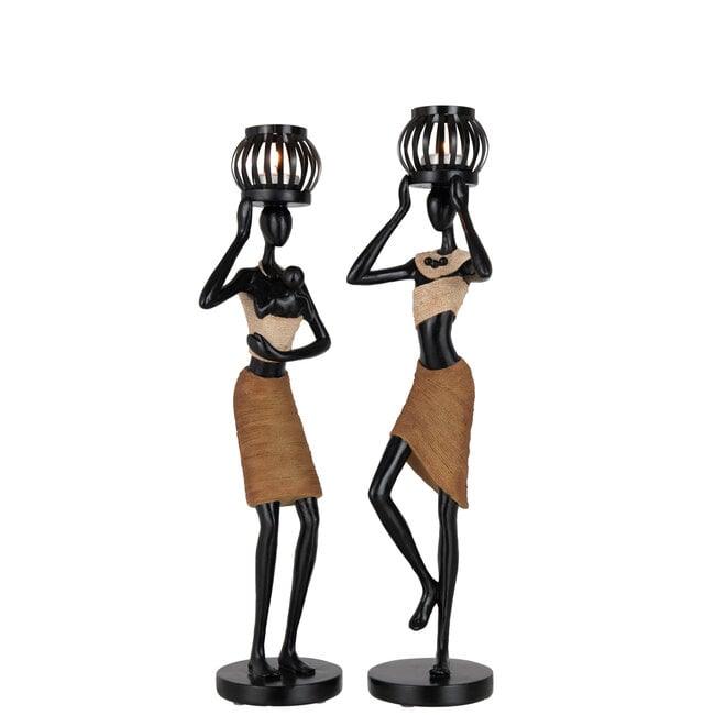 Theelichthouder Op Hoofd Van Figuur Etnisch Poly Bruin Set Van 2 - Theelichthouder - J-Line - livinglovely.nl