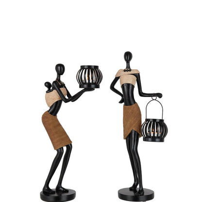 Theelichthouder Op Hoofd Van Figuur Etnisch Poly Bruin Set van 2 - Theelichthouder - J-Line - livinglovely.nl
