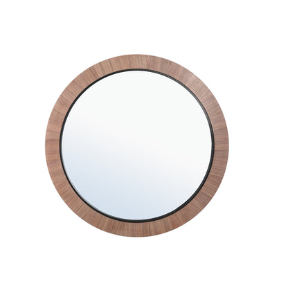 Tiess Natural Round Wooden Veneer Mirror Small van PTMD, ronde spiegel met houtfineer lijst op witte achtergrond