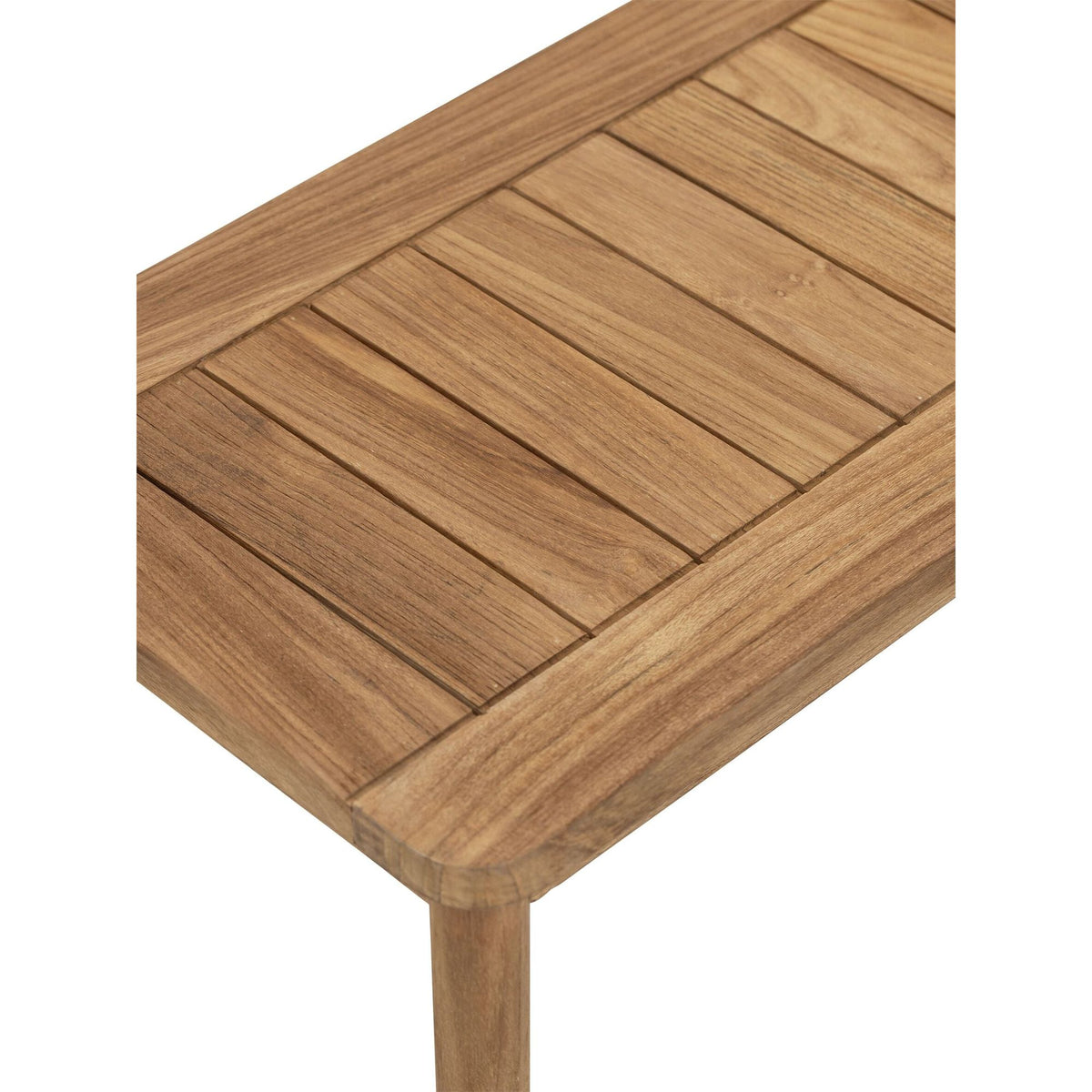 Detail van de Tuinbank Amaro Outdoor van DTP Home met lattenzitting in rustiek teakhout