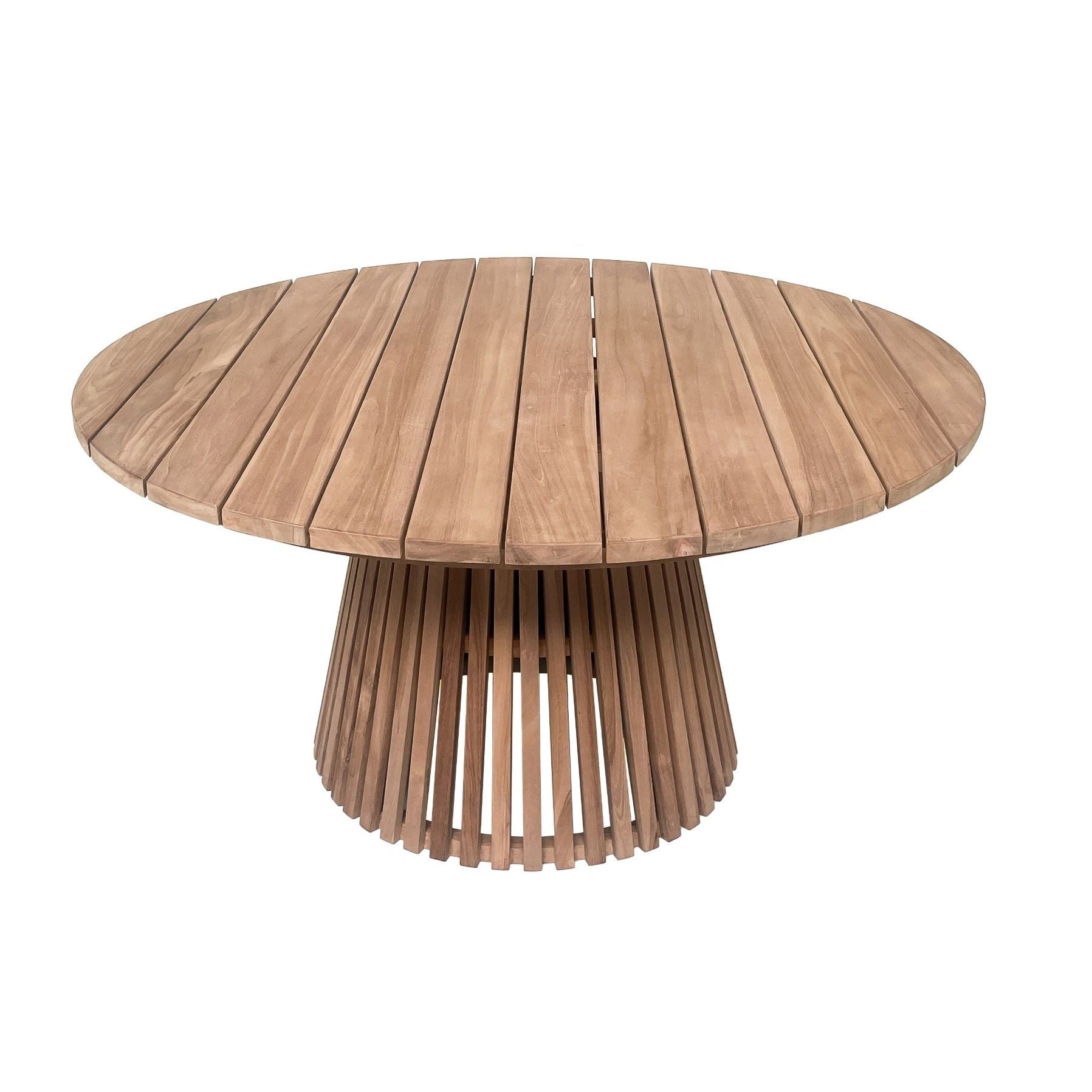 Bovenaanzicht van het teakhouten blad van de tuintafel Cindo Ø150cm