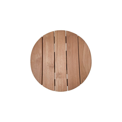 Bovenaanzicht van het teakhouten blad van de tuintafel Cindo Ø50cm