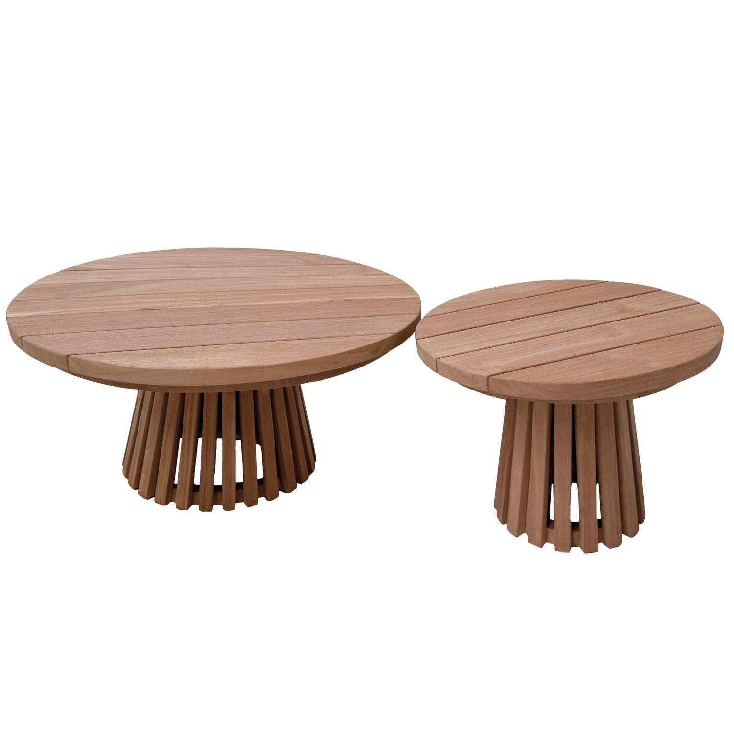Tuintafel Cindo teak Ø50cm en Ø80cm naast elkaar