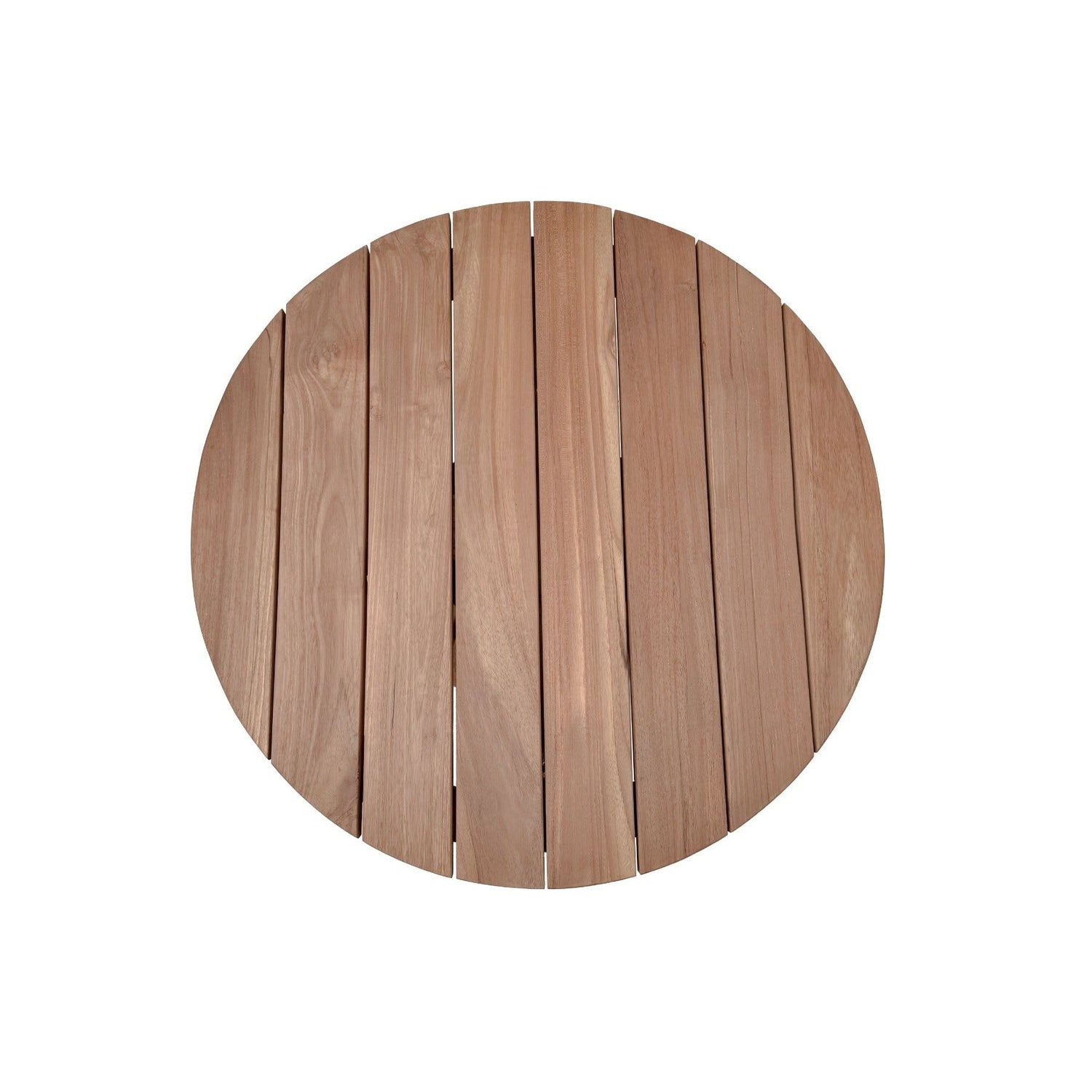 Bovenaanzicht van het teakhouten blad van de tuintafel Cindo Ø80cm