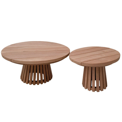 Tuintafel Cindo teak Ø50cm en Ø80cm naast elkaar