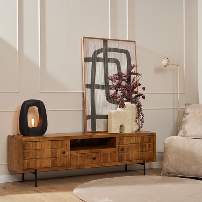 TV-meubel Brandy Mangohout 180cm van Starfurn met ingesneden blokkenpatroon en metalen poten