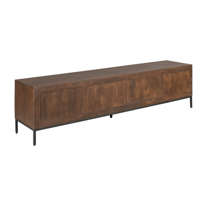 Tv Meubel Madison Mangohout Bruin 210cm van Starfurn, schuin vooraanzicht van de bruine kastdeuren