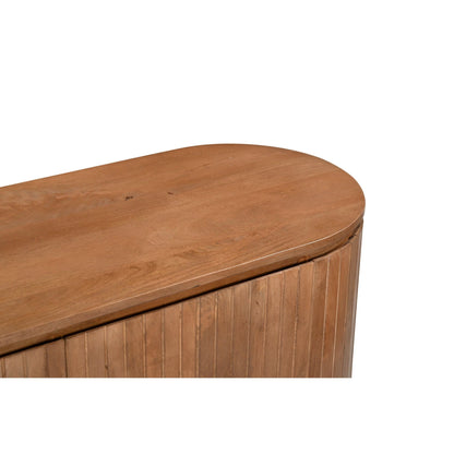 Detail van het afgeronde bovenblad en de nerf van het mangohout in Pecan