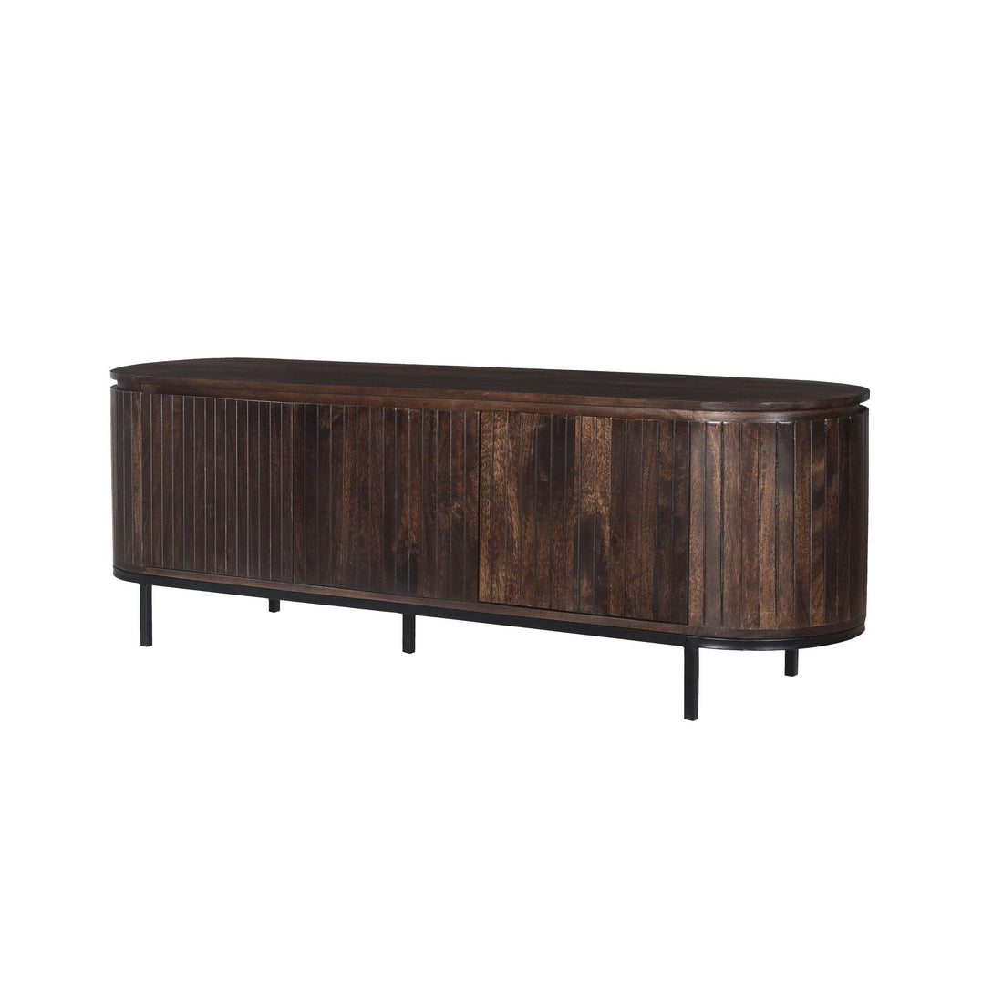 Vooraanzicht van het Noor tv-meubel in Walnut met doorlopende houten planken