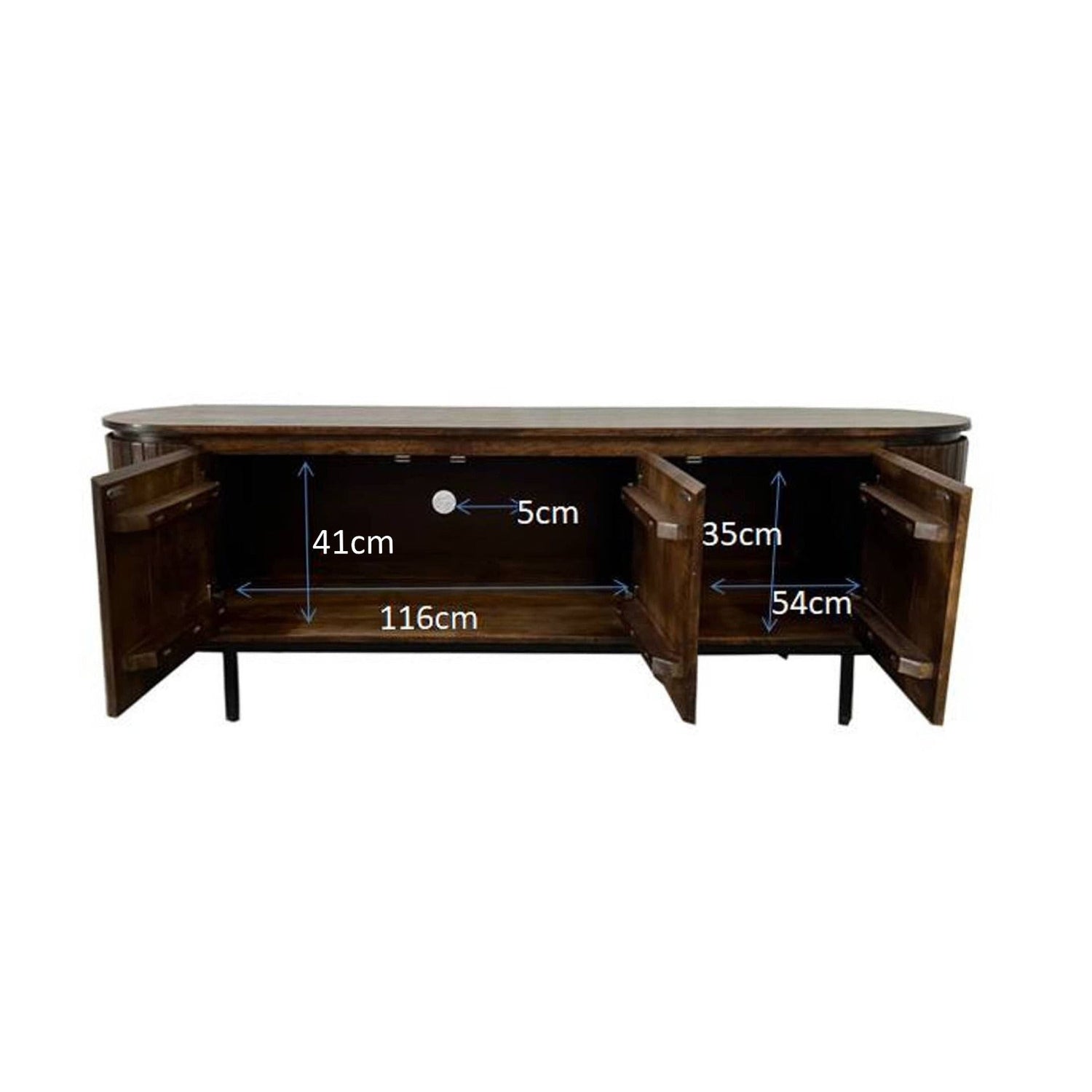 Noor tv-meubel in Walnut met geopende deuren en de binnenmaten van de vakken