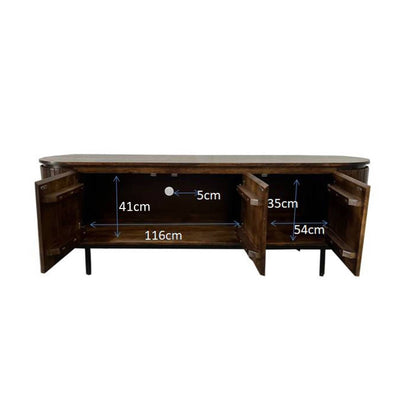 Noor tv-meubel in Walnut met geopende deuren en de binnenmaten van de vakken