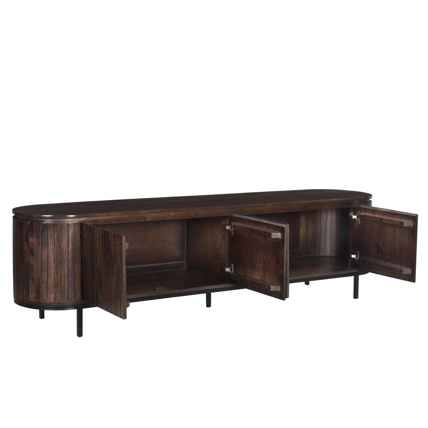 Noor tv-meubel in Walnut met geopende deuren en schappen voor mediaspelers