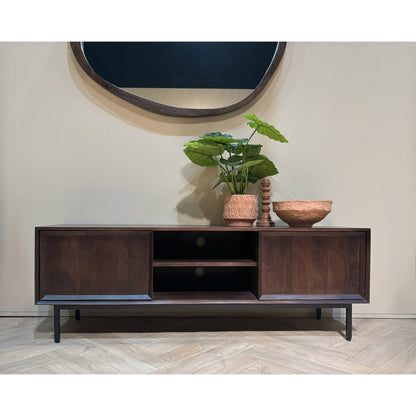 TV-meubel Ravenstein 150cm in Chestnut, donkerbruin mangohout met zwart onderstel