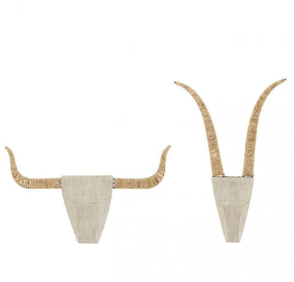 Twee Wanddecoratie Stier Sparhout/Riet Wit/Naturel Set van 2 - Wanddecoratie - J-Line - livinglovely.nl