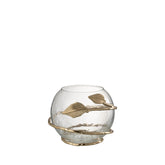 Vaas Blad Schaal van J-Line, bolvormig glas van 13 cm met een gouden bladerband eromheen