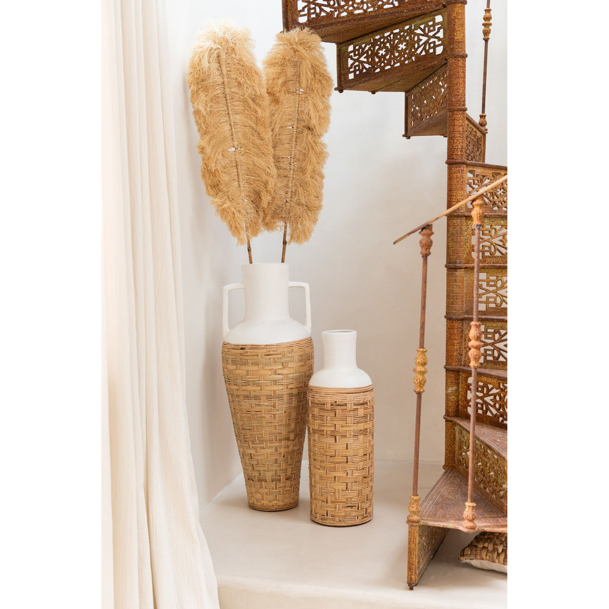 Vaas Geweven Terracotta/Ratan Wit/Naturel H75cm J-Line