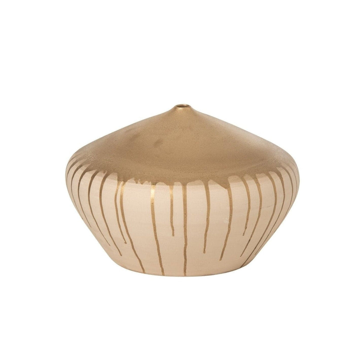 Vaas Keramiek Beige Goud Small van J-Line, brede lage vaas in beige keramiek met goudkleurig accent