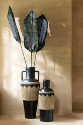 Vaas Motief+Handvaten Terracotta/Gras Zwart/Naturel - Vaas - J-Line - livinglovely.nl
