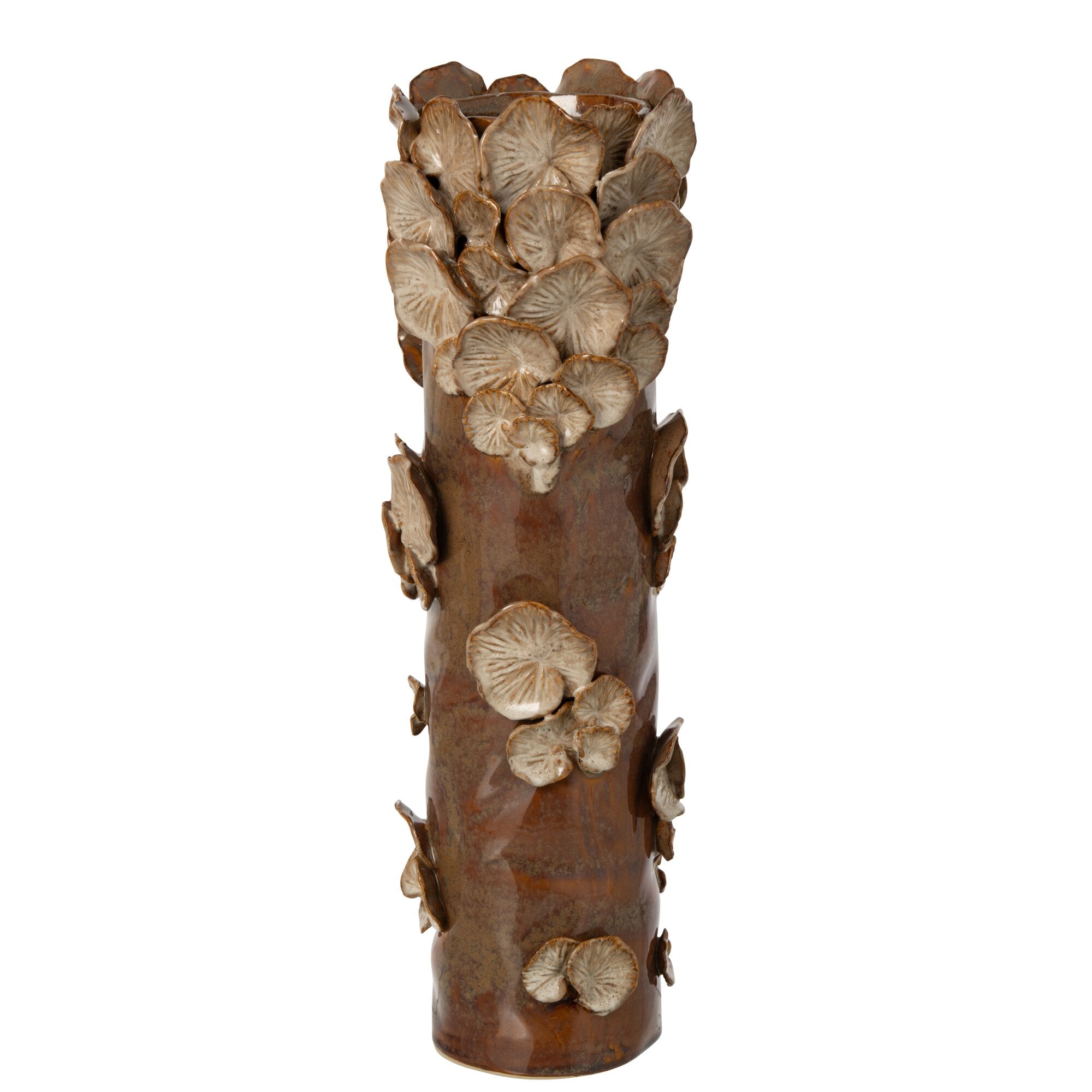 Vaas Paddenstoelen Steengoed Bruin Beige Large van J-Line, cilindervaas met paddenstoelen in bruin en beige