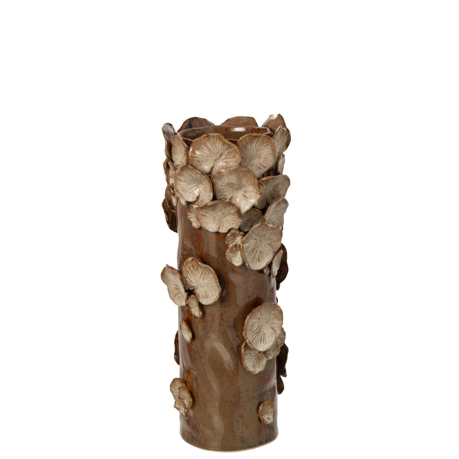 Vaas Paddenstoelen Steengoed Bruin Beige Small van J-Line, cilindervaas met paddenstoelen in bruin en beige