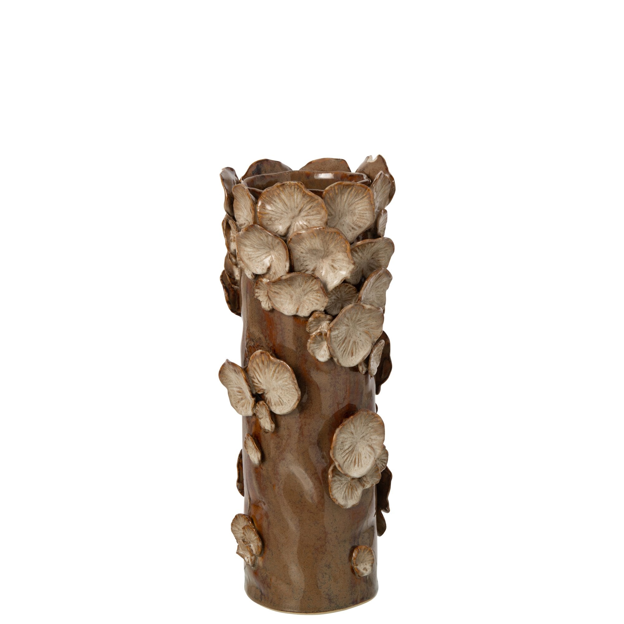 Vaas Paddenstoelen Steengoed Bruin Beige Small van J-Line, cilindervaas met paddenstoelen in bruin en beige