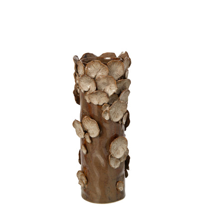 Vaas Paddenstoelen Steengoed Bruin Beige Small van J-Line, cilindervaas met paddenstoelen in bruin en beige