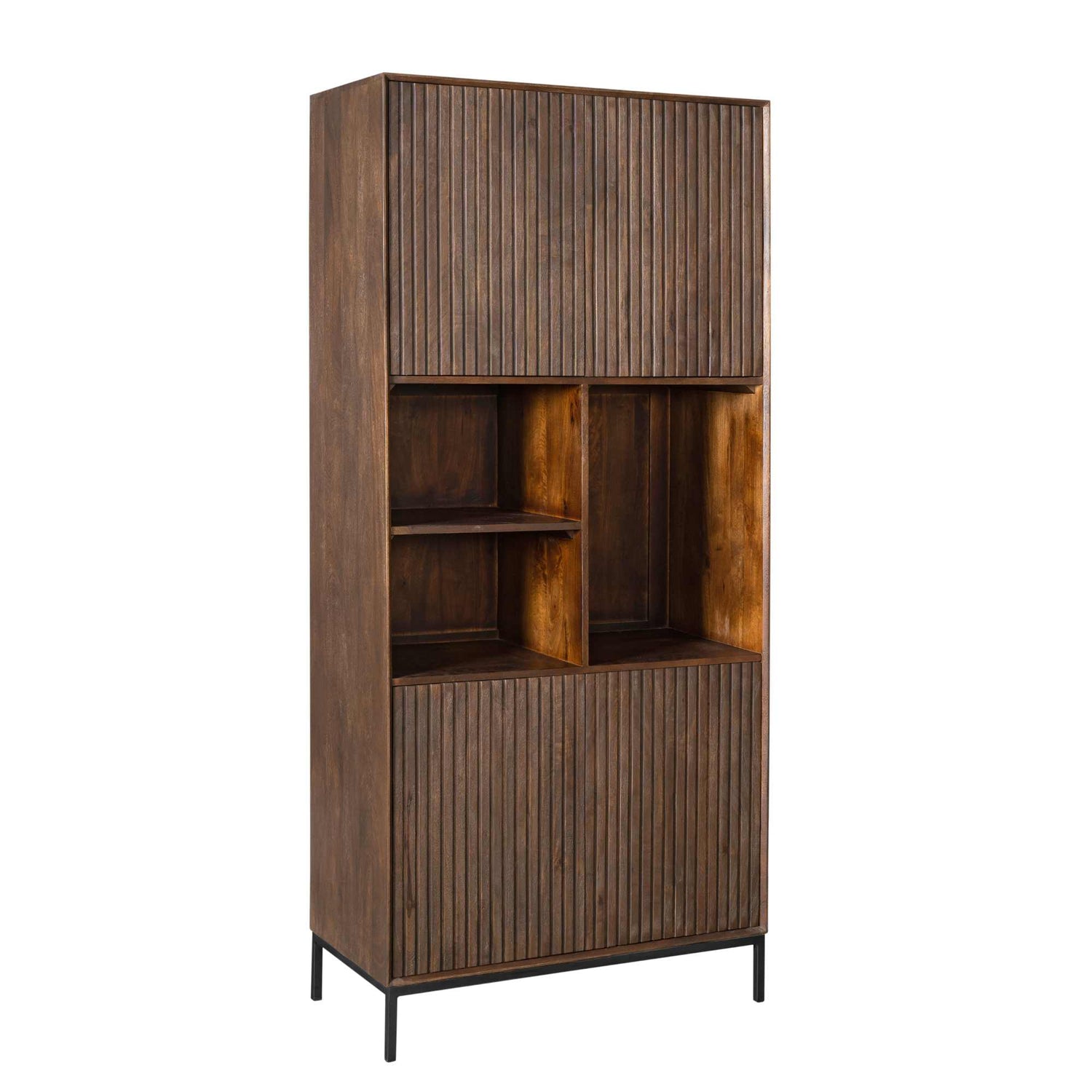 Vakkenkast Madison Bruin 90cm van Starfurn schuin van voren, met zicht op het zwarte metalen frame