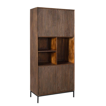 Vakkenkast Madison Bruin 90cm van Starfurn schuin van voren, met zicht op het zwarte metalen frame