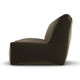 Taupe velvet loungestoel van Laui Lounge van opzij, met rughoogte van 74 centimeter
