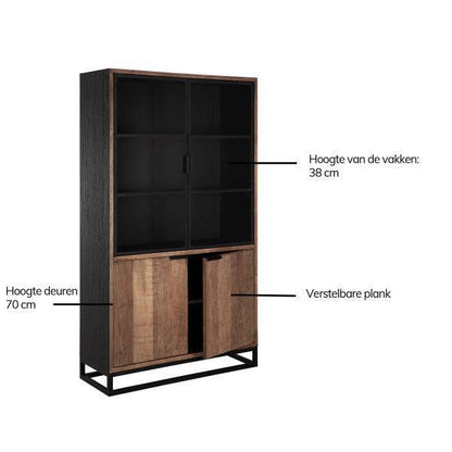 Vitrinekast Cosmo Small van DTP Home, zijaanzicht met zwart metalen frame