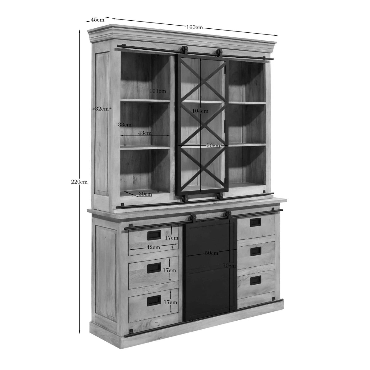 Maatschets van vitrinekast Fresno van Starfurn, 160 cm breed en 220 cm hoog
